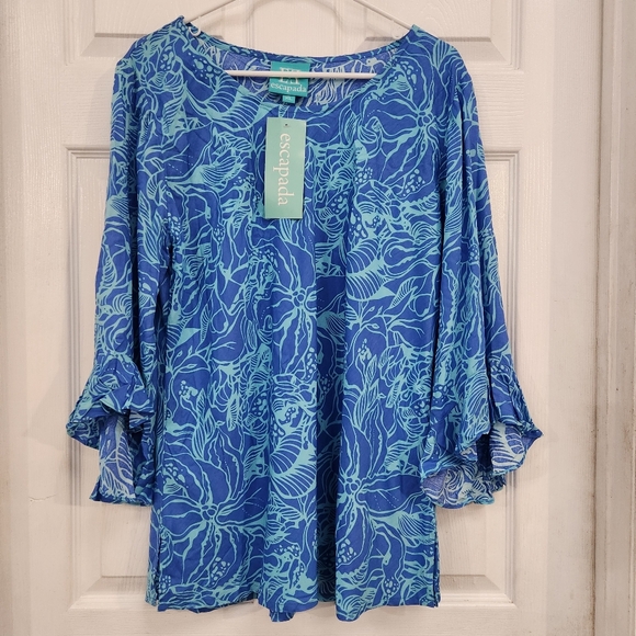 escapada Tops - Escapada 3/4 sleeve Susan top in the color cornflower/PB ocean, size XL